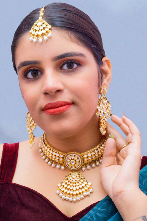 Designer Gold Plated Royal Kundan Choker Style Necklace with Earrings (D887)