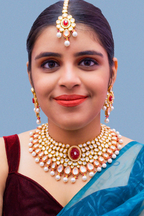 Designer Gold Plated Royal Kundan Ruby Necklace With Earrings (D881)