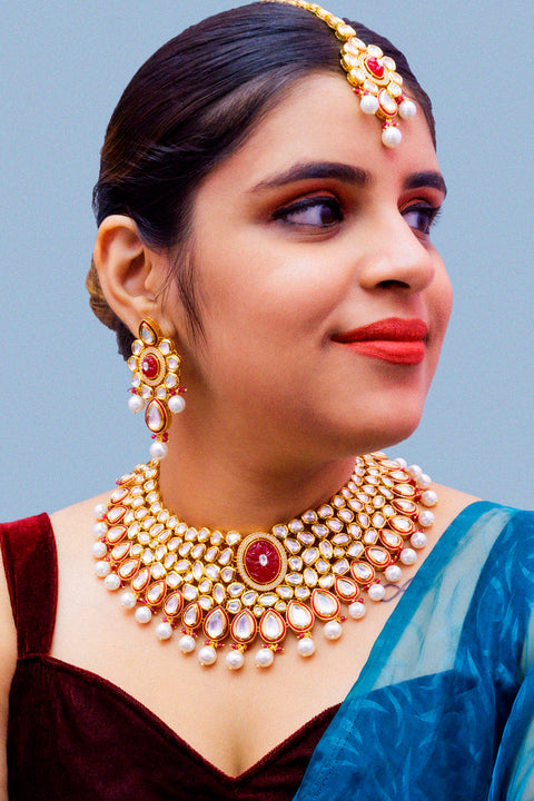 Designer Gold Plated Royal Kundan Ruby Necklace With Earrings (D881)