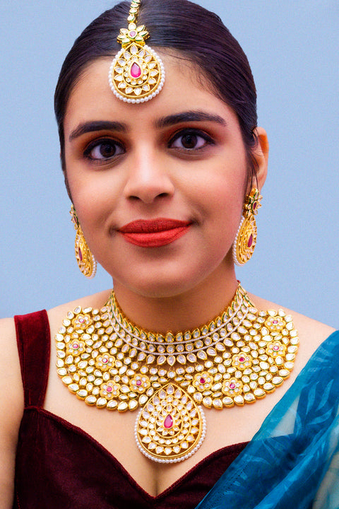 Designer Gold Plated Royal Kundan Ruby Necklace With Earrings (D880)