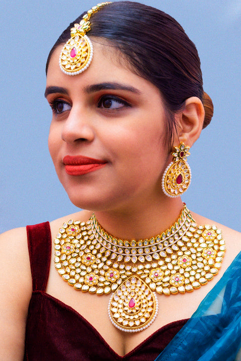 Designer Gold Plated Royal Kundan Ruby Necklace With Earrings (D880)