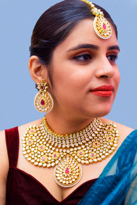 Designer Gold Plated Royal Kundan Ruby Necklace With Earrings (D880)
