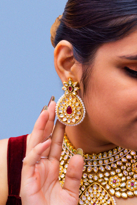 Designer Gold Plated Royal Kundan Ruby Necklace With Earrings (D880)