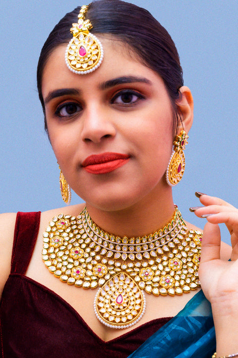 Designer Gold Plated Royal Kundan Ruby Necklace With Earrings (D880)