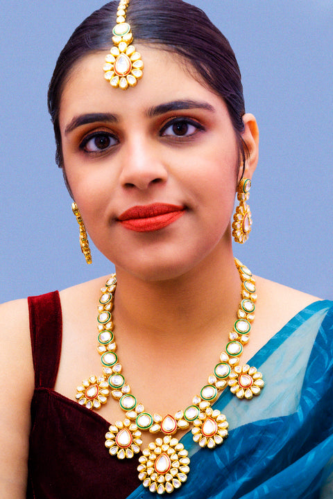 Designer Gold Plated Royal Kundan Ruby & Emerald Necklace with Earrings (D884)