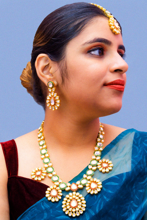 Designer Gold Plated Royal Kundan Ruby & Emerald Necklace with Earrings (D884)