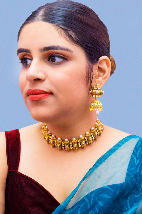 Designer Gold Plated Royal Kundan Choker Style Necklace with Earrings (D885)