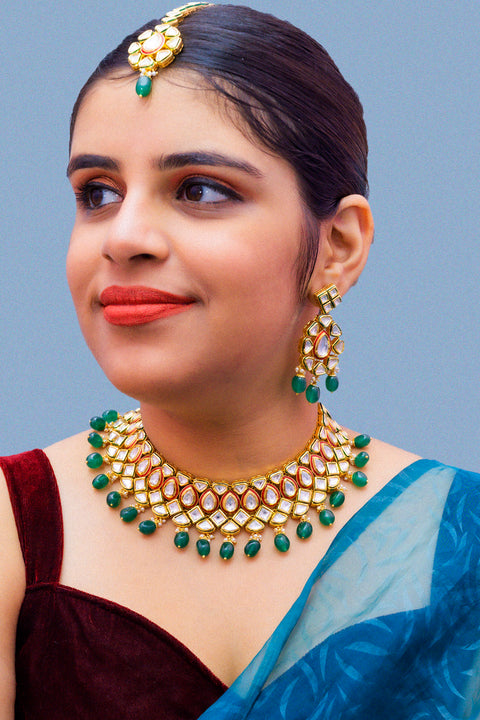 Designer Gold Plated Royal Kundan Ruby & Emerald Necklace With Earrings (D883)