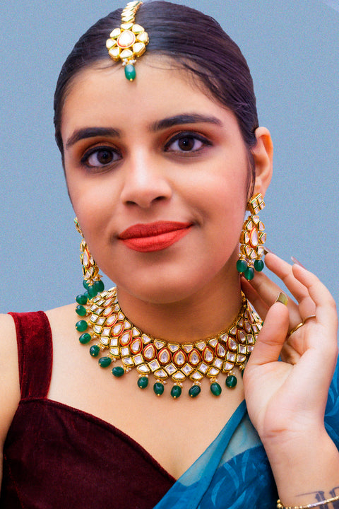 Designer Gold Plated Royal Kundan Ruby & Emerald Necklace With Earrings (D883)