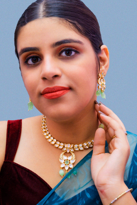 Designer Gold Plated Royal Kundan & Mint Necklace with Earrings (D886)