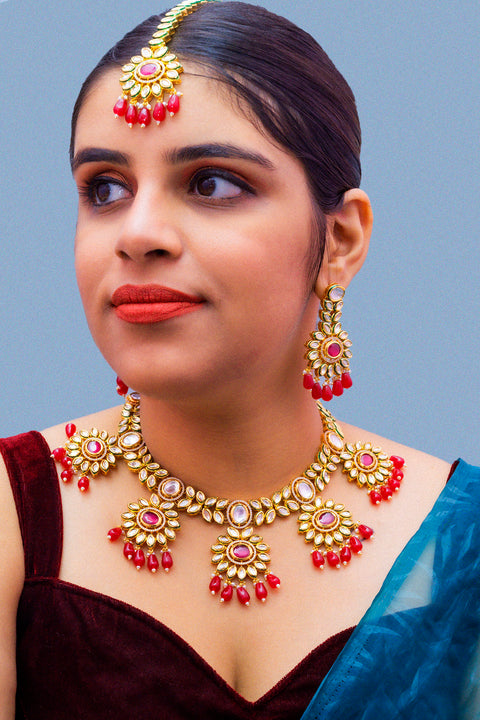 Designer Gold Plated Royal Kundan Ruby Necklace With Earrings (D875)
