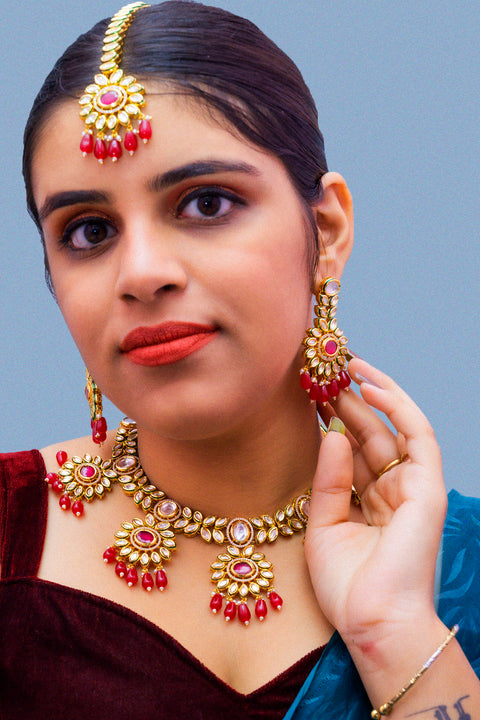 Designer Gold Plated Royal Kundan Ruby Necklace With Earrings (D875)