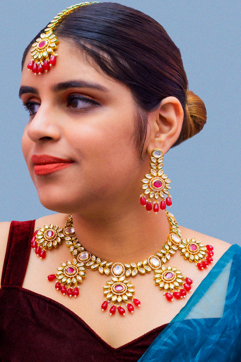 Designer Gold Plated Royal Kundan Ruby Necklace With Earrings (D875)