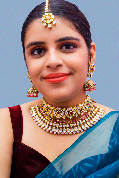 Designer Gold Plated Royal Kundan Ruby Necklace With Earrings (D882)