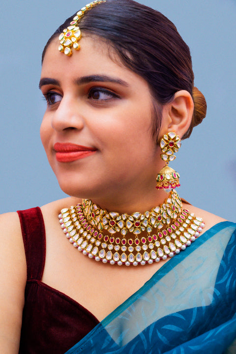 Designer Gold Plated Royal Kundan Ruby Necklace With Earrings (D882)