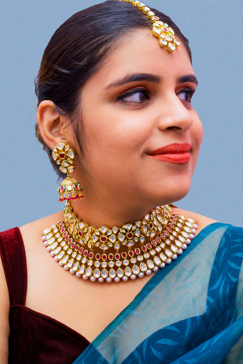 Designer Gold Plated Royal Kundan Ruby Necklace With Earrings (D882)
