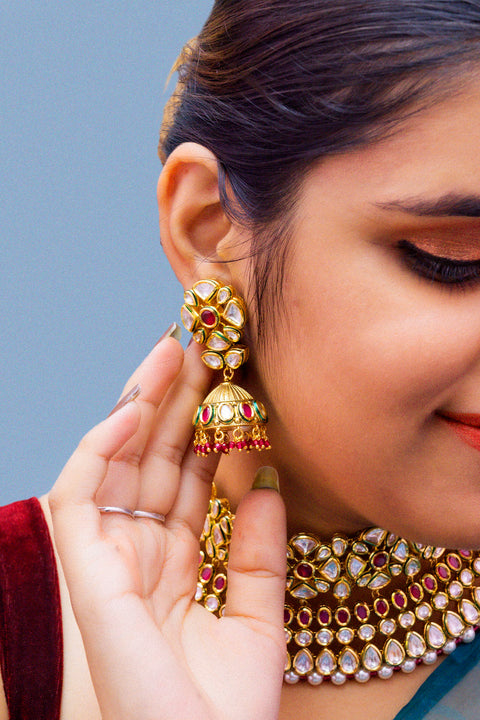 Designer Gold Plated Royal Kundan Ruby Necklace With Earrings (D882)