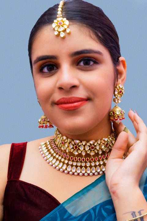 Designer Gold Plated Royal Kundan Ruby Necklace With Earrings (D882)