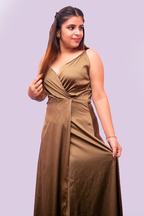 Designer Brown Color V- Neck With Spaghetti Strap Satin Dress For Party Wear (D62)