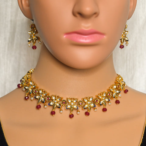 Designer Gold Plated Royal Kundan & Ruby Necklace with Earrings