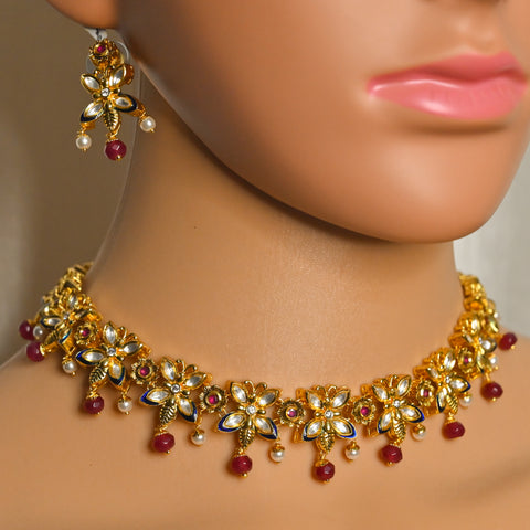 Designer Gold Plated Royal Kundan & Ruby Necklace with Earrings