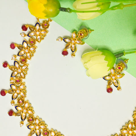 Designer Gold Plated Royal Kundan & Ruby Necklace with Earrings