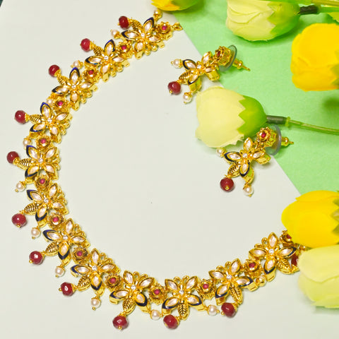 Designer Gold Plated Royal Kundan & Ruby Necklace with Earrings