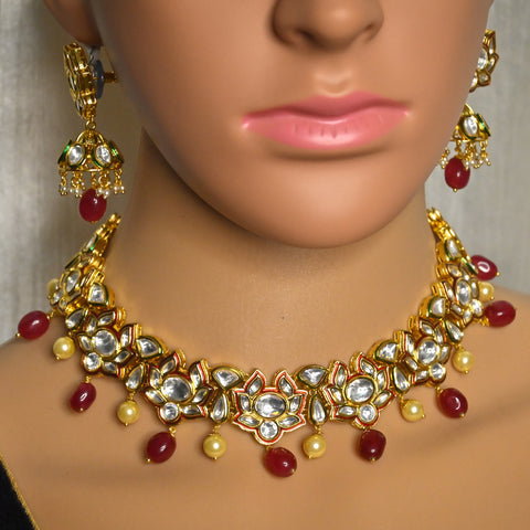 Designer Gold Plated Royal Kundan & Ruby Necklace with Earrings (D723)
