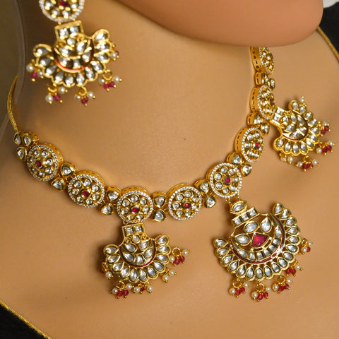 Designer Bridal Gold Plated Royal Kundan & Ruby Necklace With Earrings