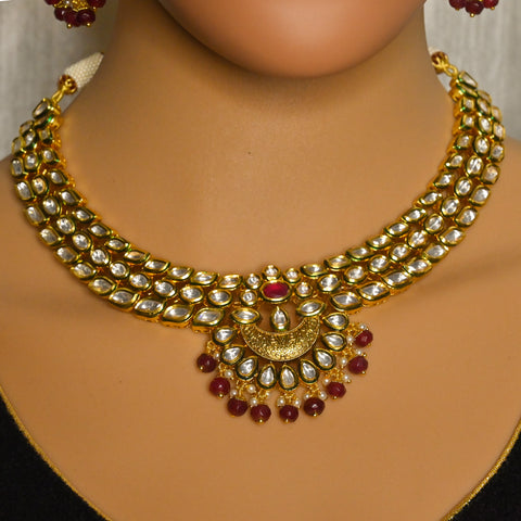 Designer Gold Plated Royal Kundan & Ruby Necklace with Earrings (D724)