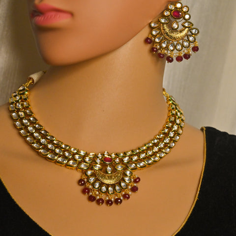 Designer Gold Plated Royal Kundan & Ruby Necklace with Earrings (D724)