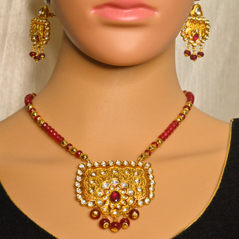 Designer Gold Plated Royal Kundan & Ruby Pendant Set (D733)
