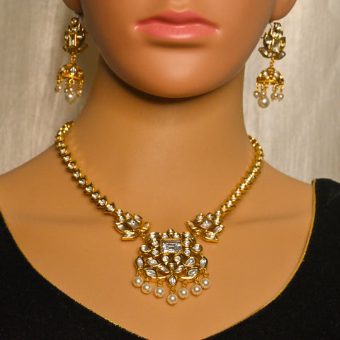 Designer Gold Plated Royal Kundan Pendant Set With Jhumki Style Earrings(D729)