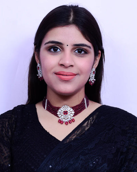 Designer Semi-Precious American Diamond & Emerald Choker Style Necklace with Earrings