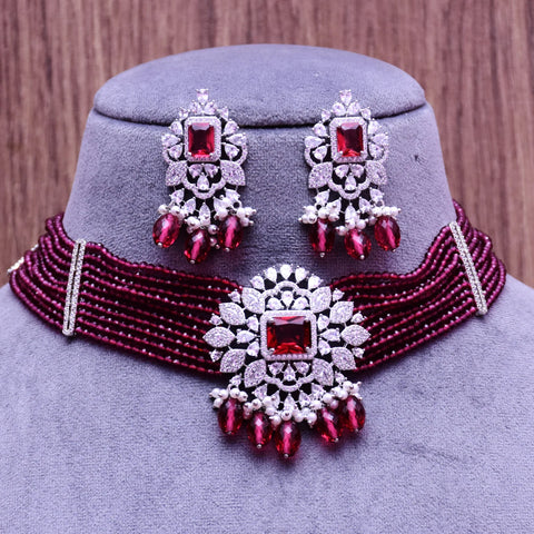 Designer Semi-Precious American Diamond & Emerald Choker Style Necklace with Earrings