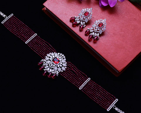 Designer Semi-Precious American Diamond & Emerald Choker Style Necklace with Earrings