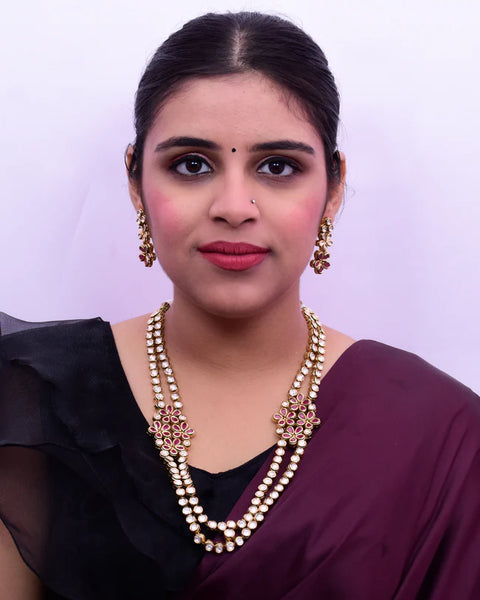Designer Gold Plated Royal Kundan Long Necklace with Earrings (D740)