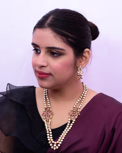 Designer Gold Plated Royal Kundan Long Necklace with Earrings (D740)