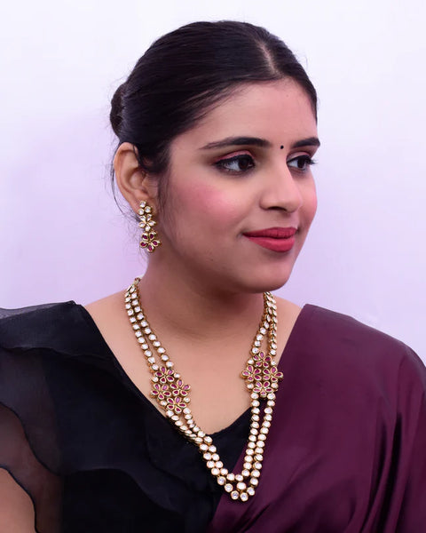 Designer Gold Plated Royal Kundan Long Necklace with Earrings (D740)