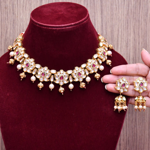 Designer Gold Plated Royal Kundan Necklace With Earrings (D574)