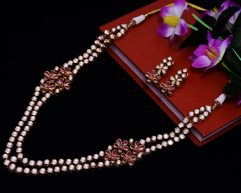 Designer Gold Plated Royal Kundan Long Necklace with Earrings (D740)