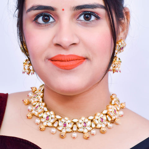 Designer Gold Plated Royal Kundan Necklace With Earrings (D574)