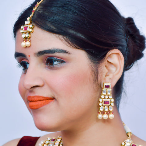 Designer Gold Plated Royal Kundan Ruby & Emerald Necklace & Earrings (D654)