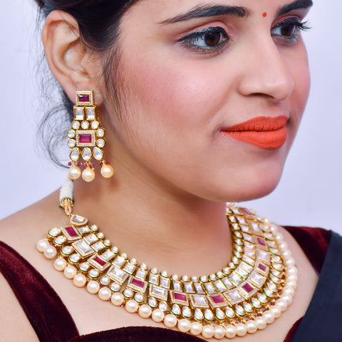 Designer Gold Plated Royal Kundan Ruby & Emerald Necklace & Earrings (D654)