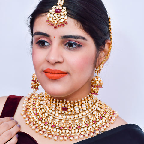 Designer Bridal Gold Plated Royal Kundan & Ruby Necklace (D521)
