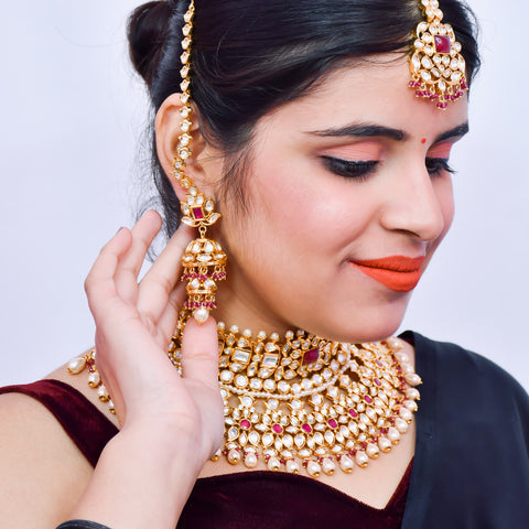Designer Bridal Gold Plated Royal Kundan & Ruby Necklace (D521)