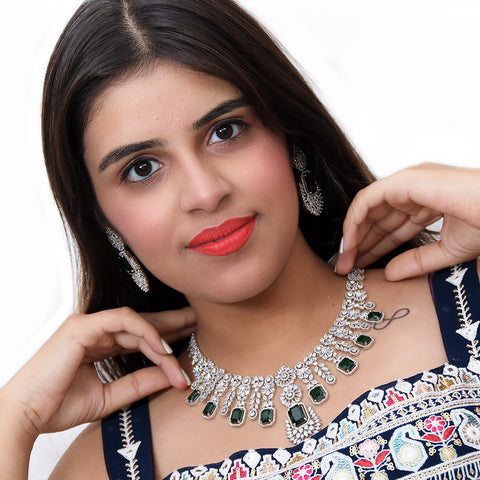 Designer Semi-Precious American Diamond & Ruby Necklace with Earrings (D470)