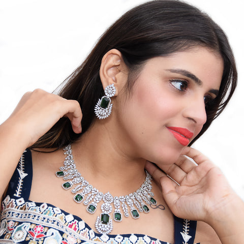 Designer Semi-Precious American Diamond & Ruby Necklace with Earrings (D470)