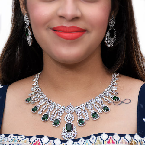 Designer Semi-Precious American Diamond & Ruby Necklace with Earrings (D470)