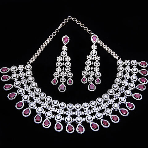 Designer Semi-Precious American Diamond & Green Emerald Necklace with Earrings (D460)